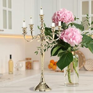 Romantic Hamptons Tall Five Candle Gold Candelabra, Fits Taper Candles, Hand Crafted of Aluminum, 14.5 D x 24.75 H Inches