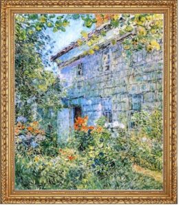 frederick childe hassam an old house and garden- east hampton – 20″ x 25″ premium canvas print with antique gold finish frame