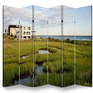Dola-Dola Wood Screen Room Divider House in The Hamptons Folding Screen Waterproof Canvas Panels Indoor Portable Privacy Dual-Sided Display Shelves 6 Panels