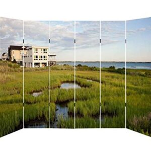 Dola-Dola Wood Screen Room Divider House in The Hamptons Folding Screen Waterproof Canvas Panels Indoor Portable Privacy Dual-Sided Display Shelves 6 Panels