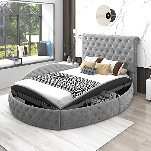 Bedroom Set Full Bedroom Furniture with 3 Storage Space, Round Shaped Velvet Upholstered Bed with Deep Button Tufting, and Storage for Bedroom, for Family, Teens, No Box Spring Needed