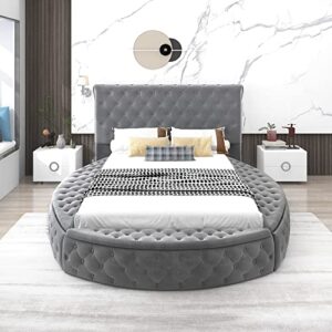Bedroom Set Full Bedroom Furniture with 3 Storage Space, Round Shaped Velvet Upholstered Bed with Deep Button Tufting, and Storage for Bedroom, for Family, Teens, No Box Spring Needed