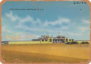 10 x 14 metal sign – new hampshire postcard – state bath house, hampton beach, n.h. – vintage rusty look