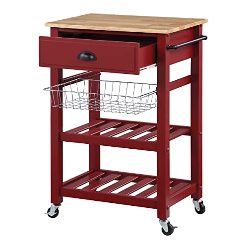 OS Home and Office Furniture Model HMPNW-9 Hampton Kitchen Cart in Red with Solid Rubberwood Top