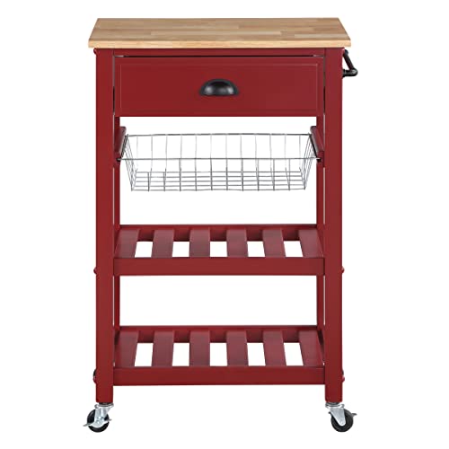 OS Home and Office Furniture Model HMPNW-9 Hampton Kitchen Cart in Red with Solid Rubberwood Top
