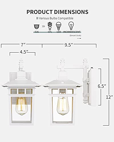 Beionxii White Exterior Light Fixture 2PK, Dusk to Dawn Outdoor Lighting with Cast Aluminum Housing, Outdoor Front Porch Lights for House Coach Garage, DM9244W-TWH