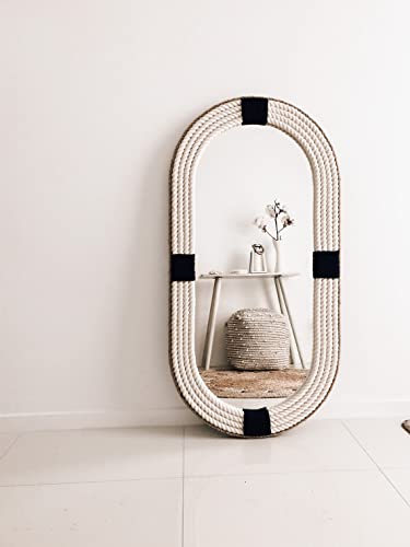 Oval Large | 30in x 18in | Oval Navy Nautical Hampton Coastal Rope Mirror Twisted Rope Home Decor Wall Hanging Mirror (White and BLACK30*18IN)