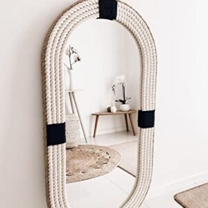 Oval Large | 30in x 18in | Oval Navy Nautical Hampton Coastal Rope Mirror Twisted Rope Home Decor Wall Hanging Mirror (White and BLACK30*18IN)