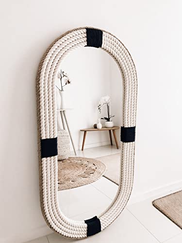 Oval Large | 30in x 18in | Oval Navy Nautical Hampton Coastal Rope Mirror Twisted Rope Home Decor Wall Hanging Mirror (White and BLACK30*18IN)