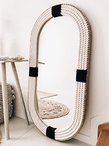 Oval Large | 30in x 18in | Oval Navy Nautical Hampton Coastal Rope Mirror Twisted Rope Home Decor Wall Hanging Mirror (White and BLACK30*18IN)