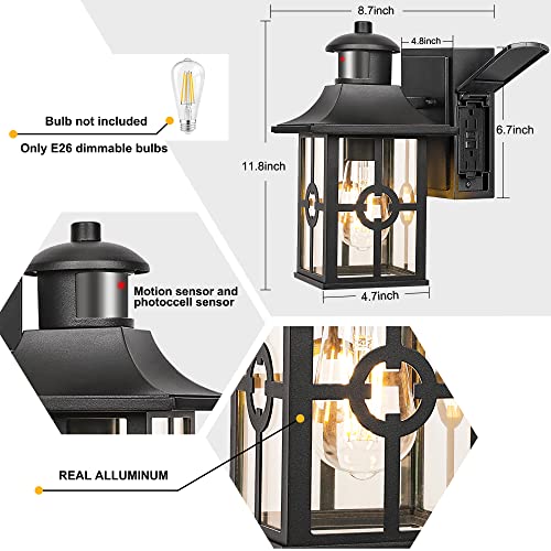 Outdoor Motion Sensor Porch Light with 2 GFCI Outlets, Dusk to Dawn Wall Light with 3 Lighting Modes for House, Waterproof Aluminum&Anti-Rust Exterior Light Fixture for Balcony/Garage