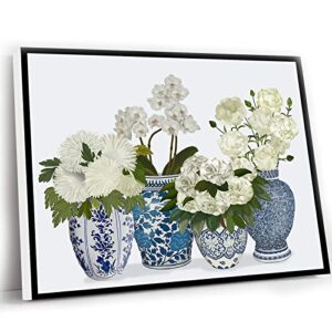 windrain farmhouse wall decorations,floral art print,chinoiserie vase art,blue and white china,oriental decor,chinese art,white flowers illustration,hamptons decor,16×24 inch framed 5