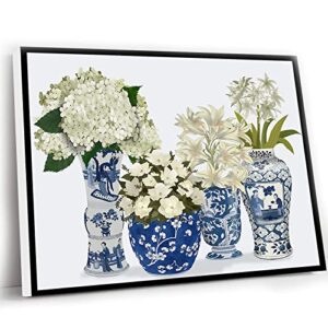 Windrain Home Decor Farmhouse,Chinoiserie Blue And White Ginger Jar Floral Prints,Hamptons Coastal Art,Chinese Wall Art,Living Room Wall,Hydrangea Magnolia Lilies,16x24 Inch Framed Wall Art white 9