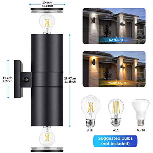 Modern Outdoor Wall Light with Dusk to Dawn Sensor, Exterior Light Fixture Wall Mount Waterproof Anti-Rust Cylinder, Up and Down 2 Lights Black Sconces for Porch Patio House Outside Entryway, 2-Pack