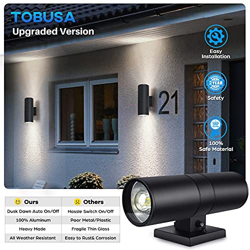 Modern Outdoor Wall Light with Dusk to Dawn Sensor, Exterior Light Fixture Wall Mount Waterproof Anti-Rust Cylinder, Up and Down 2 Lights Black Sconces for Porch Patio House Outside Entryway, 2-Pack