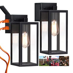 outdoor wall lights with gfci outlet, wall light fixture porch light wall lantern, waterproof exterior wall sconce, black wall mounted lighting black for house outside garage, 2-pack