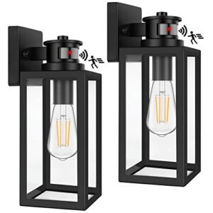 2-pack motion sensor outdoor lights, upgrade dusk to dawn wall mount light fixtures, motion sensor wall lights for outside house porch garage, exterior black wall lanterns sconce with clear glass