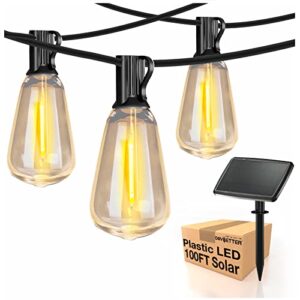 daybetter 100ft solar outdoor string lights waterproof, st38 globe led patio lights with 24 edison bulbs, weatherproof plastic outdoor lights for yard porch bistro