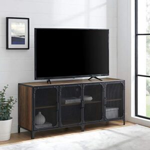 walker edison malcomb urban industrial 4 door metal mesh tv console for tvs up to 65 inches, 60 inch, rustic oak