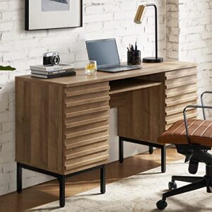 mopio norwin executive desk, modern industrial farmhouse desks for home office, with sturdy metal legs, fluted panel dual cabinet soft close door, storage shelves, & leveler