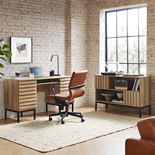 mopio Norwin Executive Desk, Modern Industrial Farmhouse Desks for Home Office, with Sturdy Metal Legs, Fluted Panel Dual Cabinet Soft Close Door, Storage Shelves, & Leveler