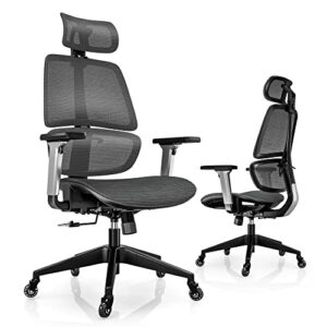 linsy home high-back office chair, swivel ergonomic task chair with adjustable headrest and arms, lumbar support and pu wheels, computer mesh chair for home office, grey