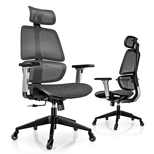 LINSY HOME High-Back Office Chair, Swivel Ergonomic Task Chair with Adjustable Headrest and Arms, Lumbar Support and PU Wheels, Computer Mesh Chair for Home Office, Grey