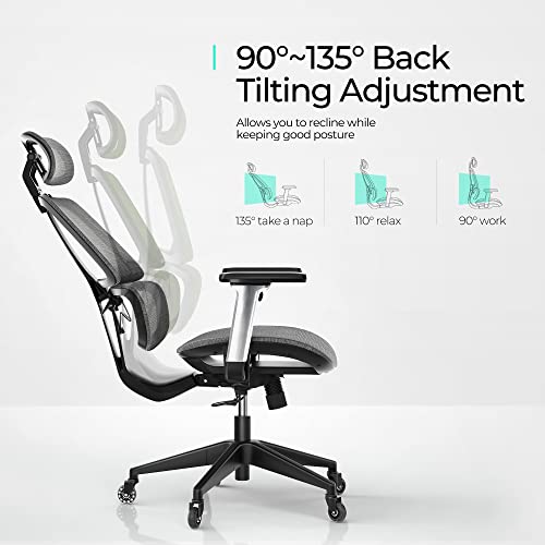 LINSY HOME High-Back Office Chair, Swivel Ergonomic Task Chair with Adjustable Headrest and Arms, Lumbar Support and PU Wheels, Computer Mesh Chair for Home Office, Grey