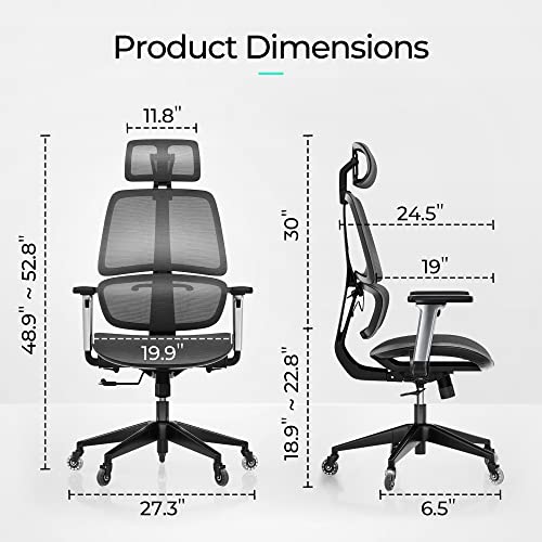 LINSY HOME High-Back Office Chair, Swivel Ergonomic Task Chair with Adjustable Headrest and Arms, Lumbar Support and PU Wheels, Computer Mesh Chair for Home Office, Grey