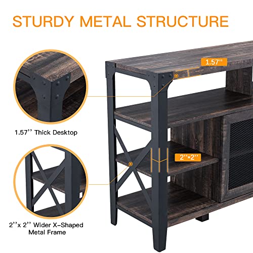 OKD TV Stand Industrial Rustic Entertainment Center for 65 Inch TV, 33" Tall Wood Media TV Console Cabinet Table w/Soundbar Shelf & 2" Wide Metal X-Frame for Living Room, Dark Rustic Oak