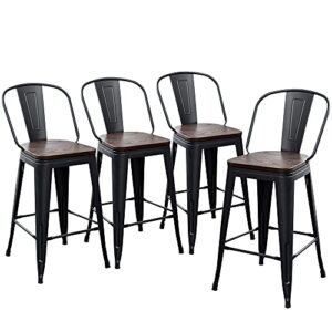 yongqiang 26″ bar stools set of 4 high back metal counter height chairs barstools with wooden seat industrial matte black