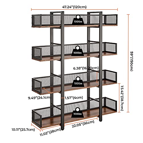 Sturdis Solid Wood Black Metal Industrial Bookshelf - 4 Tier - Visually Appealing & High Capacity for Book Storage