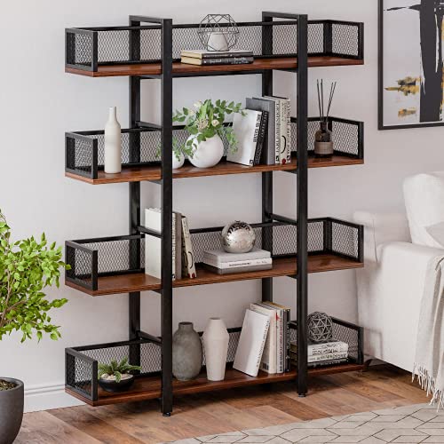 Sturdis Solid Wood Black Metal Industrial Bookshelf - 4 Tier - Visually Appealing & High Capacity for Book Storage