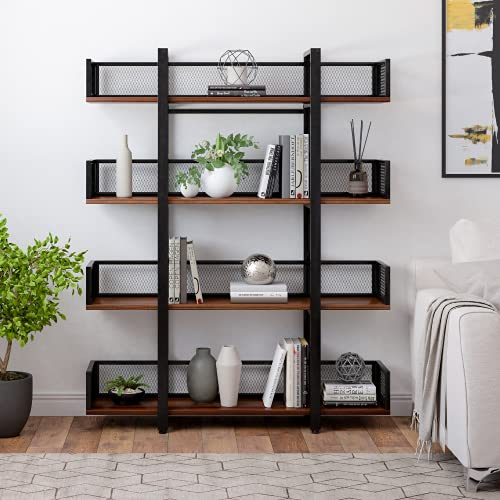 Sturdis Solid Wood Black Metal Industrial Bookshelf - 4 Tier - Visually Appealing & High Capacity for Book Storage