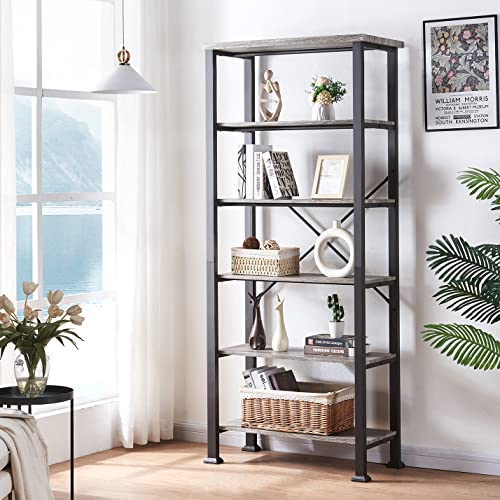 HOMBAZAAR Bookshelf, 6-Tier Vintage Industrial Book Shelf, Rustic Wood and Metal Bookcase and Bookshelves, Free Standing Storage Large Bookshelf for Living Room, Bedroom and Kitchen, Grey Oak