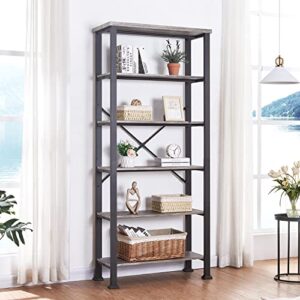 HOMBAZAAR Bookshelf, 6-Tier Vintage Industrial Book Shelf, Rustic Wood and Metal Bookcase and Bookshelves, Free Standing Storage Large Bookshelf for Living Room, Bedroom and Kitchen, Grey Oak