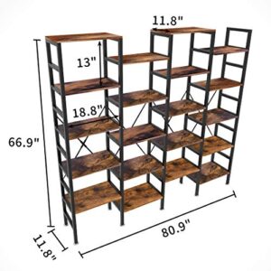 LAVIEVERT Quadruple Wide 5-Tier Bookcase Etagere Large Open Bookshelf Rustic Industrial Style Shelves with Metal Frame & Vintage Wood for Home & Office - Rustic Brown