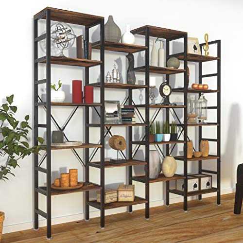 LAVIEVERT Quadruple Wide 5-Tier Bookcase Etagere Large Open Bookshelf Rustic Industrial Style Shelves with Metal Frame & Vintage Wood for Home & Office - Rustic Brown