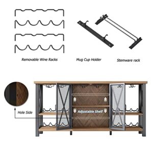 O&K FURNITURE Wine Bar Cabinet for Liquor and Glass with Storage & LED Lights, Rustic Metal Wood Wine Rack Buffet Cabinet, Industrial Coffee Bar Cabinet for Living Room, Home Bar (Brown)