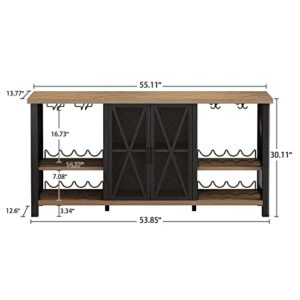 O&K FURNITURE Wine Bar Cabinet for Liquor and Glass with Storage & LED Lights, Rustic Metal Wood Wine Rack Buffet Cabinet, Industrial Coffee Bar Cabinet for Living Room, Home Bar (Brown)