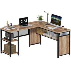 FATORRI L Shaped Computer Desk, Industrial Office Desk with Shelves, Rustic Wood and Metal Corner Desk for Home Office (Rustic Oak, 59 Inch)