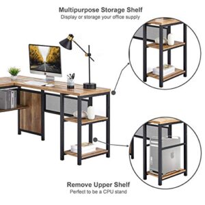 FATORRI L Shaped Computer Desk, Industrial Office Desk with Shelves, Rustic Wood and Metal Corner Desk for Home Office (Rustic Oak, 59 Inch)