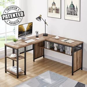 FATORRI L Shaped Computer Desk, Industrial Office Desk with Shelves, Rustic Wood and Metal Corner Desk for Home Office (Rustic Oak, 59 Inch)