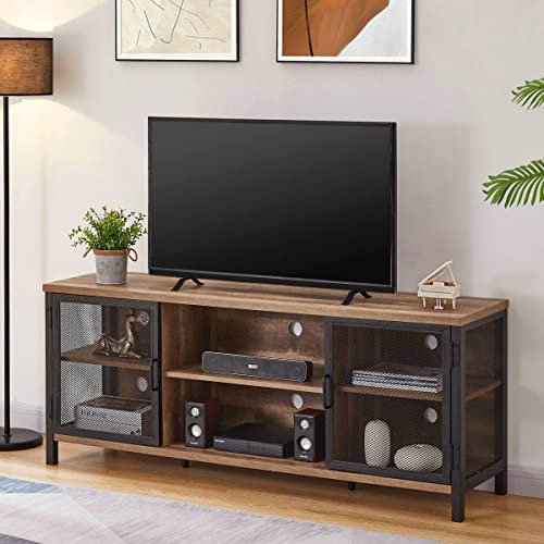 FATORRI Industrial Entertainment Center for TVs up to 65 Inch, Rustic Wood TV Stand, Large TV Console and TV Cabinet for Living Room (60 Inch Wide, Rustic Oak)