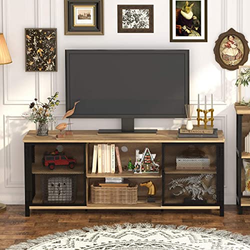 FATORRI Industrial Entertainment Center for TVs up to 65 Inch, Rustic Wood TV Stand, Large TV Console and TV Cabinet for Living Room (60 Inch Wide, Rustic Oak)