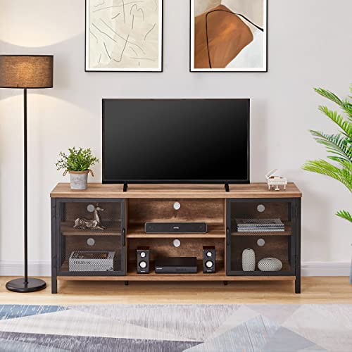 FATORRI Industrial Entertainment Center for TVs up to 65 Inch, Rustic Wood TV Stand, Large TV Console and TV Cabinet for Living Room (60 Inch Wide, Rustic Oak)