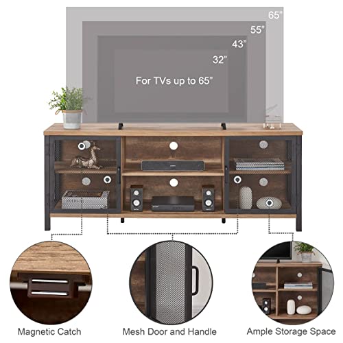 FATORRI Industrial Entertainment Center for TVs up to 65 Inch, Rustic Wood TV Stand, Large TV Console and TV Cabinet for Living Room (60 Inch Wide, Rustic Oak)