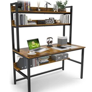 aquzee computer desk with hutch & bookshelf, home office desk with space saving design, metal legs industrial table with upper storage shelves for study writing/workstation, 47 inches rustic