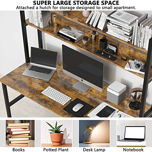 Aquzee Computer Desk with Hutch & Bookshelf, Home Office Desk with Space Saving Design, Metal Legs Industrial Table with Upper Storage Shelves for Study Writing/Workstation, 47 Inches Rustic