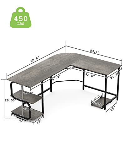 Teraves Reversible L Shaped Desk with Shelves 69“ Corner Computer Desk Gaming Desk Workstation for Home Office